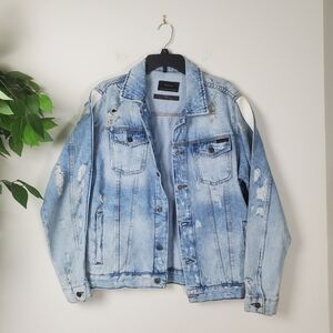 Zara Zaraman Distressed Light Blue Denim Trucker Jacket Men's Size Medium Cotton